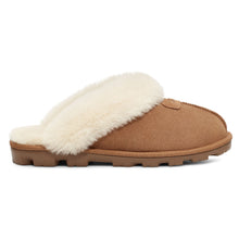 Load image into Gallery viewer, Chestnut Tan UGG Women&#39;s Coquette Suede Slipper With White Furry Collar Side View
