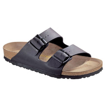 Load image into Gallery viewer, Black Birkenstock Women&#39;s Arizona BIrko Flor Synthetic Double Strap Sandal Profile View
