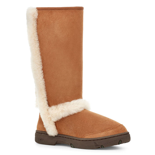 Chestnut Tan With Black Sole And White Trim UGG Women's Sunburst Tall Suede Boot Profile View