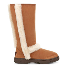 Load image into Gallery viewer, Chestnut Tan With Black Sole And White Trim UGG Women&#39;s Sunburst Tall Suede Boot Side View
