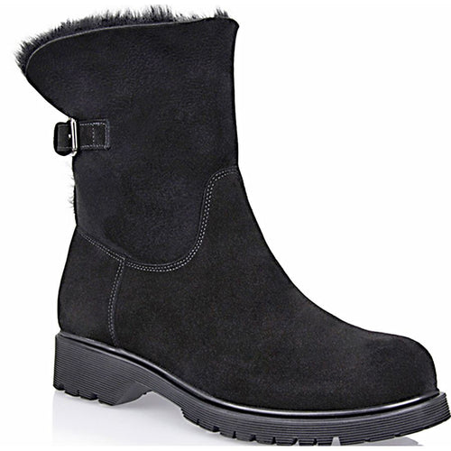 Black La Canadienne Women's Honey Waterproof Suede Cuffable Ankle Boot Shearling Lined Profile View