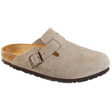 Load image into Gallery viewer, Taupe Beige With Black Sole Birkenstock Women&#39;s Boston Suede Clog Narrow Width Profile View
