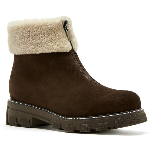 Brown With Off White Collar La Canadienne Women's Abba Waterproof Suede Front Zipper Bootie Shearling Lined Profile View