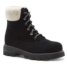 Load image into Gallery viewer, Black With White Collar La Canadienne Women&#39;s Andy Waterproof Suede Shearling Lined Combat Boot Profile View
