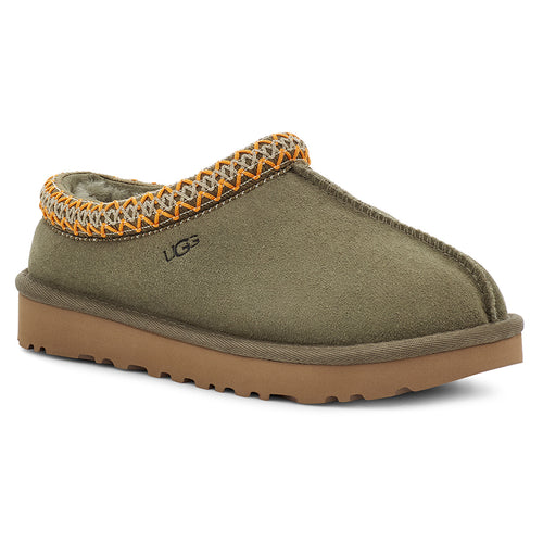 Burn Olive Green With Tan Sole UGG Women's Tasman Suede With Embroidered Collar Slipper Profile View