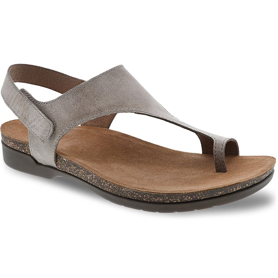Stone Grey With Black Sole Dansko Women's Reece Leather Toe Loop Casual Sandal Profile View