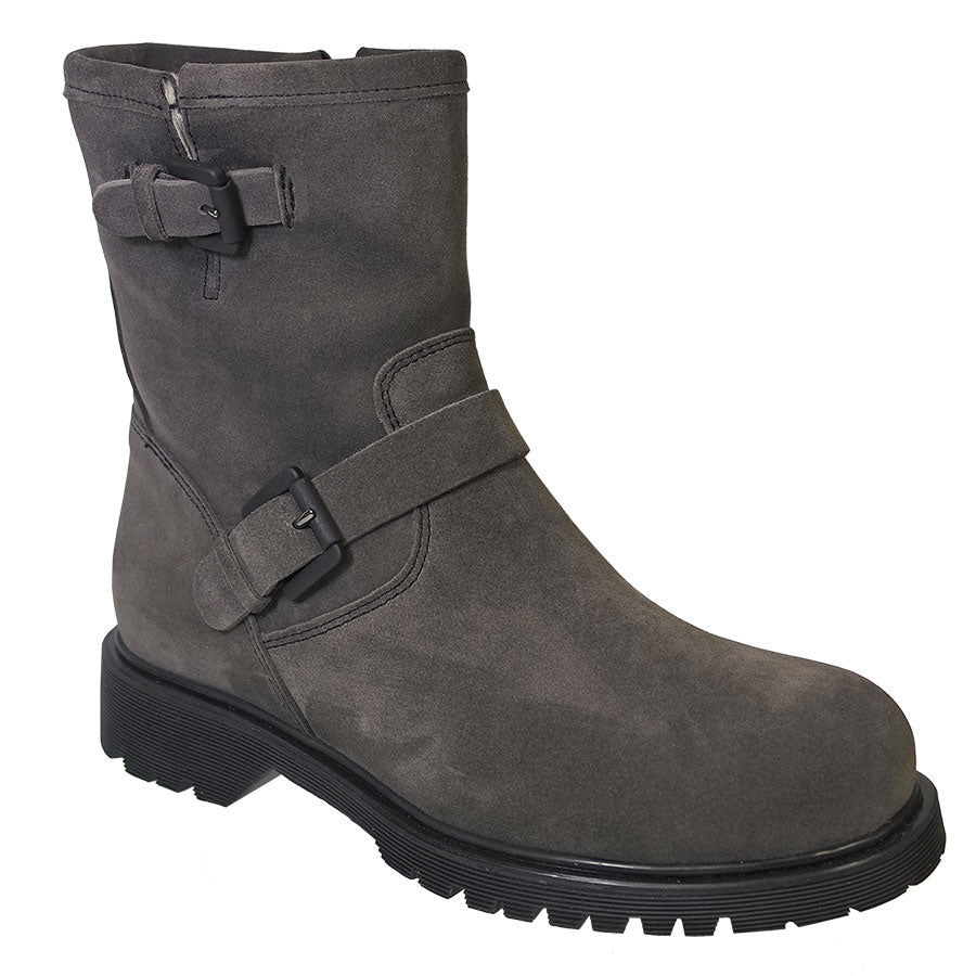 Stone Grey With Black Sole La Canadienne Women's Hanna Waterproof Suede Zipper And Double Buckle Shearling Lined Ankle Boot