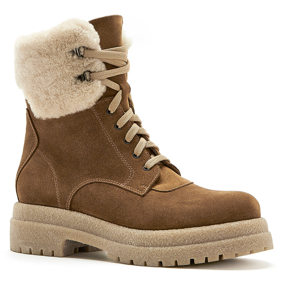 Walnut Brown With Beige laces And Sole La Canadienne Women's Victor Waterproof Suede Shearling Lined And Cuff Combat Boot