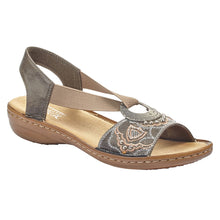Load image into Gallery viewer, Smoke Grey With Tan Sole Rieker Women&#39;s 608B9 Synthetic With Studs And Embroidery Slingback Sandal Profile View

