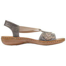 Load image into Gallery viewer, Smoke Grey With Tan Sole Rieker Women&#39;s 608B9 Synthetic With Studs And Embroidery Slingback Sandal Side View

