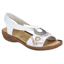 Load image into Gallery viewer, White With Tan Sole Rieker Women&#39;s 608B9 Synthetic With Studs And Embroidery Slingback Sandal Profile View
