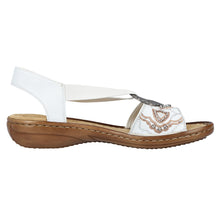 Load image into Gallery viewer, White With Tan Sole Rieker Women&#39;s 608B9 Synthetic With Studs And Embroidery Slingback Sandal Side View
