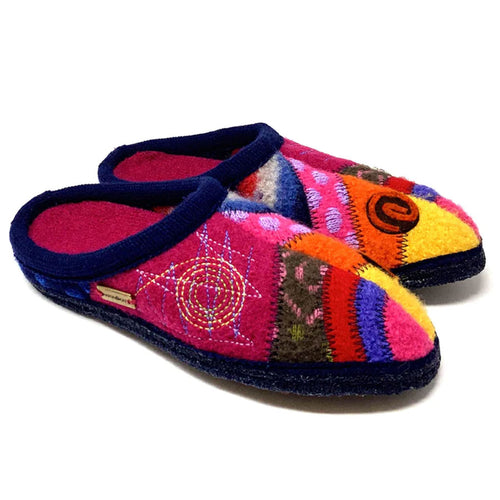 Strawberry Red With Brown And Orange And Purple And Yellow And Black Sole Haflinger Women's Calpyso Designed Wool Slippers