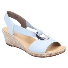 Load image into Gallery viewer, Aqua Light Blue With Rieker Women&#39;s 624H6 Rieker Synthetic Espadrille Wedge Sandal Profile View
