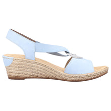 Load image into Gallery viewer, Aqua Light Blue With Rieker Women&#39;s 624H6 Rieker Synthetic Espadrille Wedge Sandal Side View

