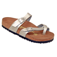 Load image into Gallery viewer, Silver With Black Sole Birkenstock Women&#39;s Mayari BirkoFlor Metallic Synthetic Toe Loop Sandal Profile View
