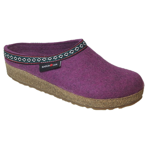Mulberry Purple With Brown Sole Haflinger Women's GZ Wool With Embroidered Decorative Collar Slippers