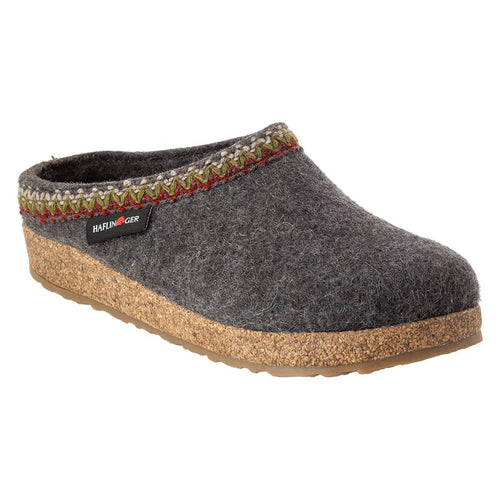 Grey With Brown Sole Haflinger Women's Zip Zag Wool Slippers With Decorative Sewn Collar