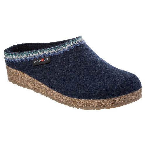 Dark Blue With Brown Sole Haflinger Women's Zip Zag Wool Slippers With Decorative Sewn Collar