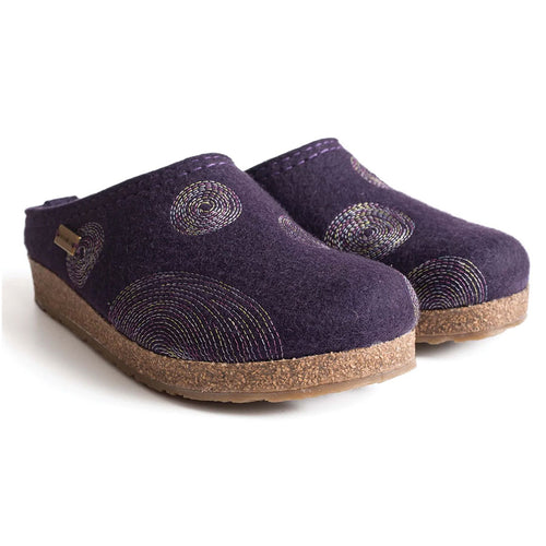 Eggplant Purple With Brown Sole Haflinger Women's Spirit Wool Clog Slippers With Multicolored Sewn Circles