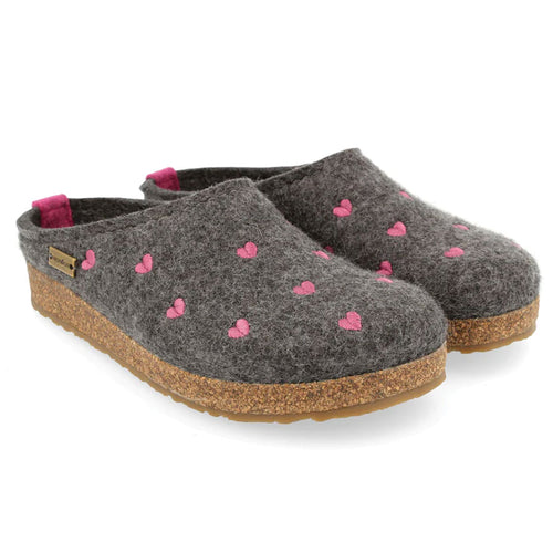 Grey And Pink Embroidered Flowers With Brown Sole Haflinger Women's Cuoricini Wool Slippers