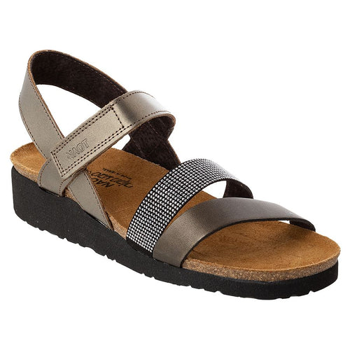 Pewter And Black And Bronze With Black Sole Naot Women's Krista Metallic Leather Strappy Sandal Flat With Rivet Accents