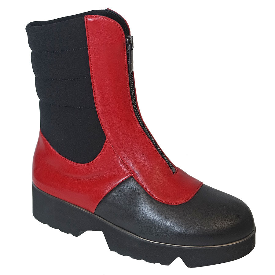 Red And Black Thierry Rabotin Women's Zibbius Leather And Fabric Panel Mid Height Front Zipper Boot Lug Sole