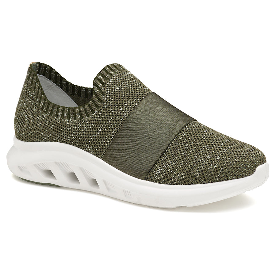 Olive Green With White Sole Johnston And Murphy Women's Active Slip On Knit With Elastic Band Athletic Sneaker Profile View