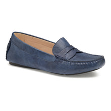 Load image into Gallery viewer, Navy Johnston And Murphy Women&#39;s Maggie Penny Washed Leather Loafer Profile View
