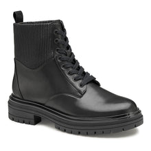 Load image into Gallery viewer, Black Johnston And Murphy Women&#39;s Gianna Gore Lace Up Leather Combat Boot Profile View
