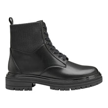 Load image into Gallery viewer, Black Johnston And Murphy Women&#39;s Gianna Gore Lace Up Leather Combat Boot Side View
