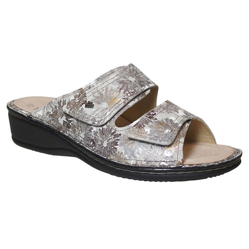 White With Grey And Brown With A Black Sole Finn Comfort Women's Jamaika Floral Printed Leather Double Strap Sandal