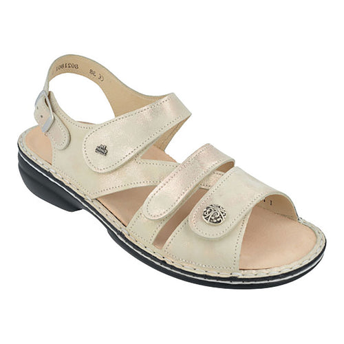 Champagne Beige With Black Sole Finn Comfort Women's Gomera-S Iridescent Leather Strappy Sandal