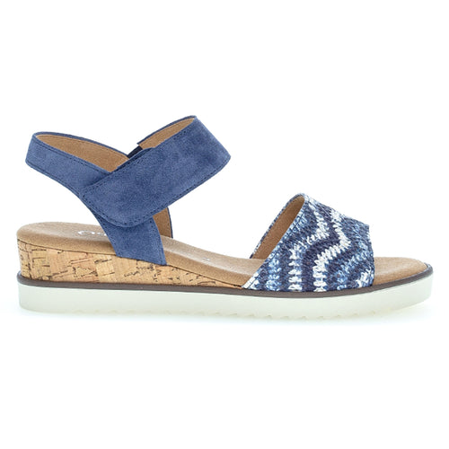 Blue With White Sole Gabor Women's 82750 Suede And Wavy Printed Leather Triple Strap Sandal Leather Cork Wedge