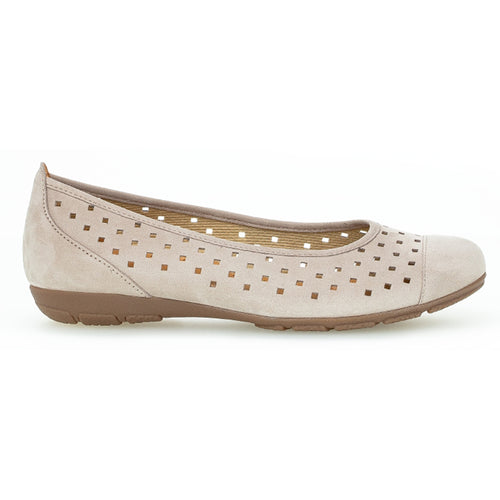 Lienen Beige With Brown Sole Gabor Women's 84169 Nubuck Cap Toe Ballet Flat With Square Cut Outs