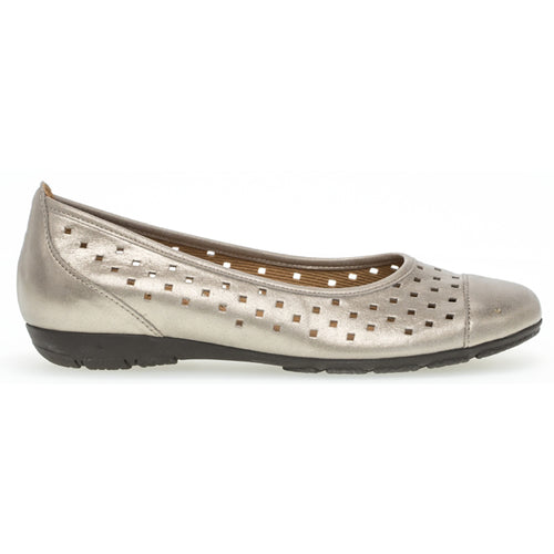 Silver With Black Sole Gabor Women's 84169 Metallic Leather Cap Toe Ballet Flat With Square Cut Outs