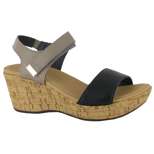 Black And Stone Greyish Brown Naot Women's Summer Nubuck And Leather Triple Strap Platform Wedge Sandal