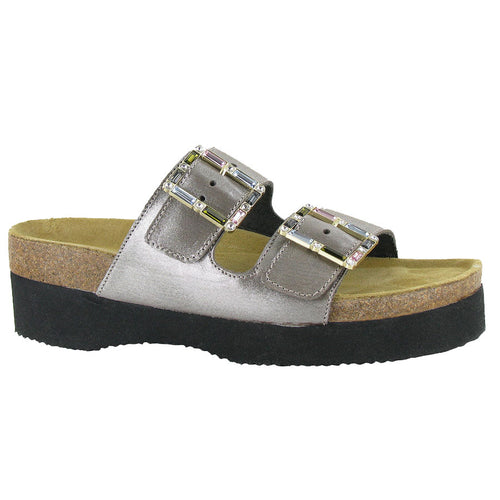 Silver With Black Sole Naot Women's Santa Rosa Metallic Leather Double Buckle Strap Sandal