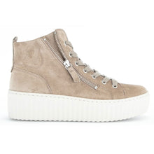 Load image into Gallery viewer, Kiesel Creme Light Brown With White Sole Gabor Women&#39;s 93710 Suede High Top Platform Sneaker Side View
