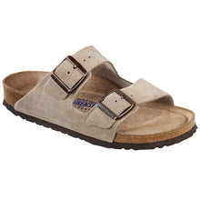 Load image into Gallery viewer, Taupe Beige With Black Sole Birkenstock Men&#39;s Arizona Soft Suede Double Strap Sandal Profile View
