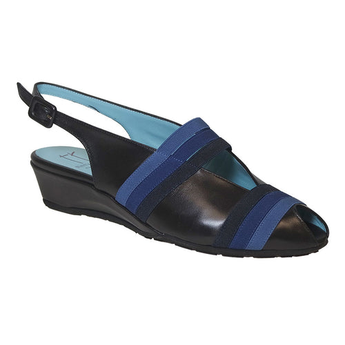 Black  Thierry Rabotin Women's Cho Leather With Blue And Light Blue Elastic Bands Slingback Wedge Peep Toe Sandal
