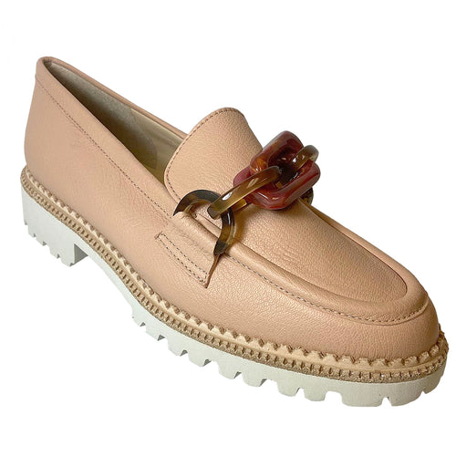 Tan Light Brown With White Sole Brunate Women's Frida Leather Loafer With Chain Accessory