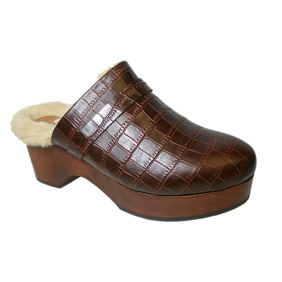 Brown Andre Assous Women's Sofi Leather Clog WIth Faux Fur Lining