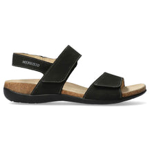 Load image into Gallery viewer, Black Mephisto Women&#39;s Agave Nubuck Triple Strap Velcro Sandal Side View
