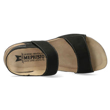 Load image into Gallery viewer, Black Mephisto Women&#39;s Agave Nubuck Triple Strap Velcro Sandal Top View
