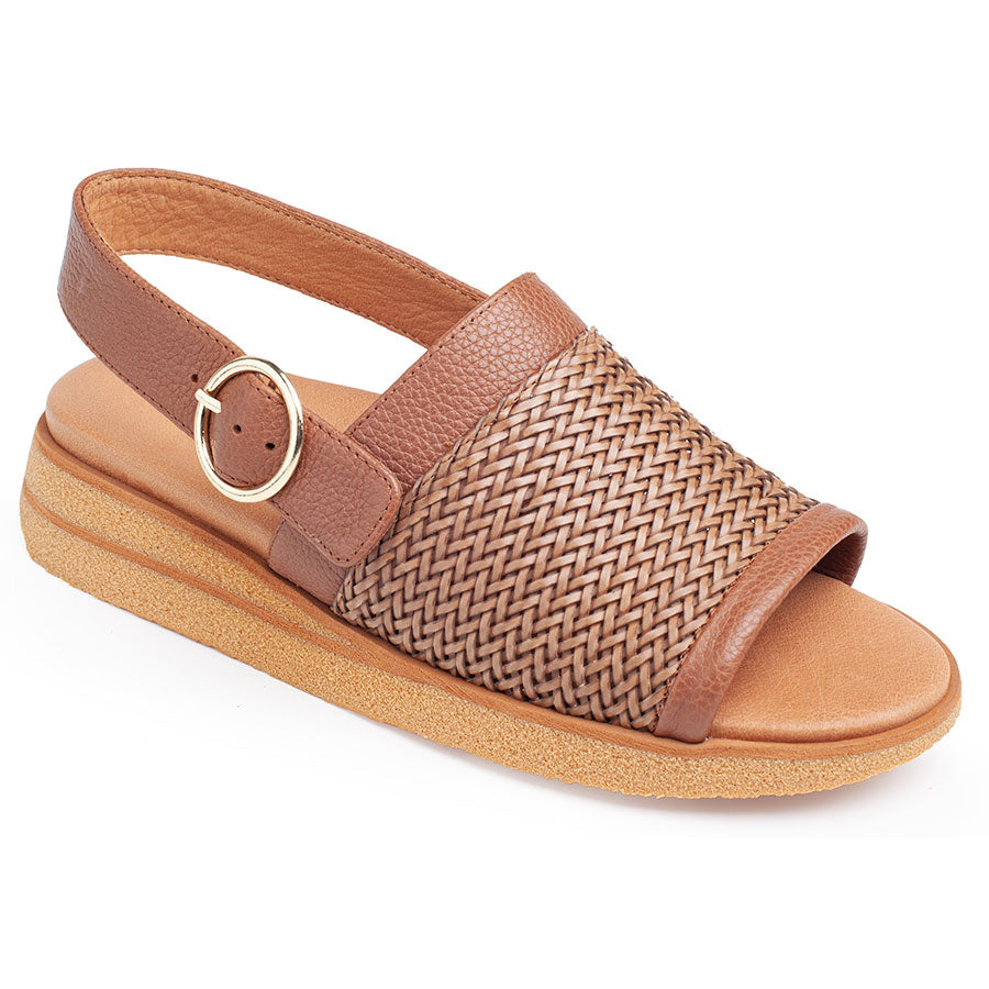 Natural Tan Yes Women's Annie Woven Leather Slingback Flat Sandal Profile View