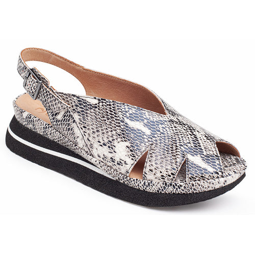 Black And White With Black Sole Yes Women's April Snake Print Leather With Cut Outs Slingback Peep Toe Flat Sandal Profile View