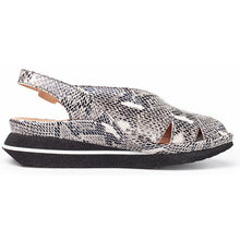 Load image into Gallery viewer, Black And White With Black Sole Yes Women&#39;s April Snake Print Leather With Cut Outs Slingback Peep Toe Flat Sandal Side View
