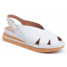 Load image into Gallery viewer, White With Beige Sole Yes Women&#39;s April Leather With Cut Outs Slingback Peep Toe Flat Sandal Profile View
