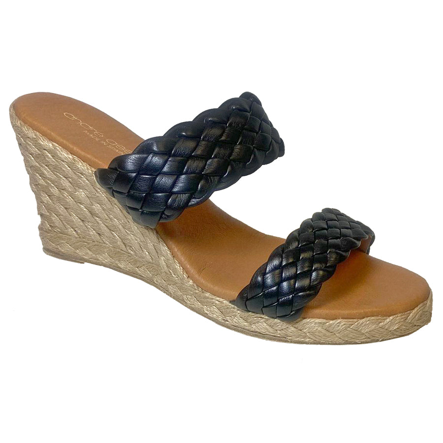 Black Andre Assous Women's Aria Woven Leather Double Strap Sandal Espadrille Wedge